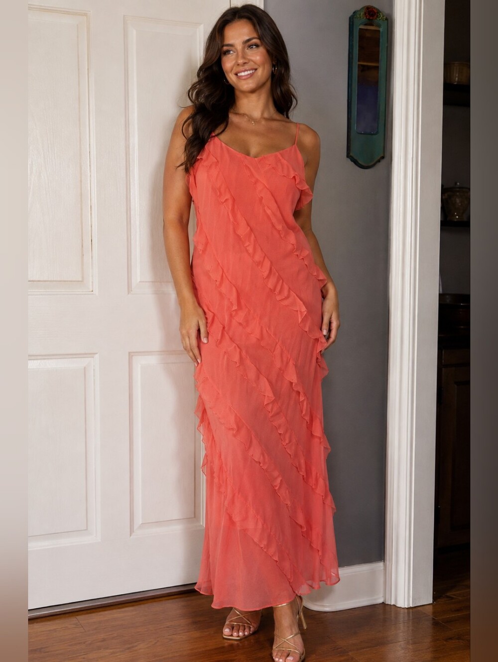 Endless Rose Slip Ruffled Maxi Dress Sleeveless Fairy Romantic Coral Cascade Med